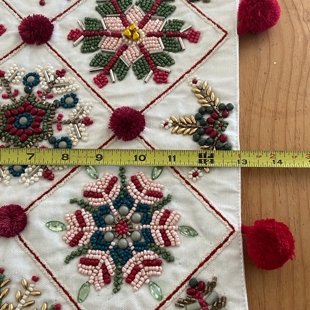 Hand Beaded Christmas Table Runner Pom Pom Trim - Picture 3 of 7